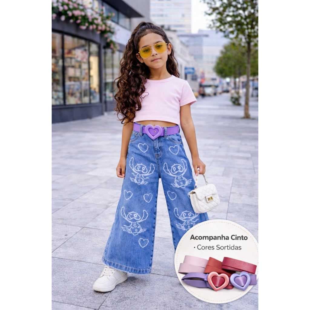 Calça Wide Leg Infantil Jeans Menina Estampa Stitch Coração Destroyed com Cinto Moda Blogueirinha