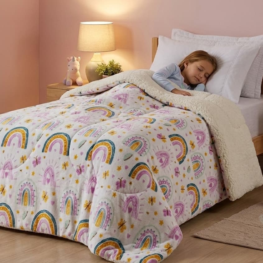 COBERDROM Infantil ARCO-ÍRIS Dupla Face Cobertor Edredom Flannel Macio e Sherpa Fofinha