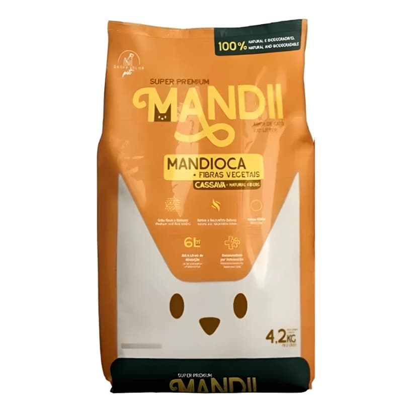 Areia de Gato MANDII Super Premium – Fibras Naturais de Mandioca 2,6KG, 4,2KG e 8,4KG