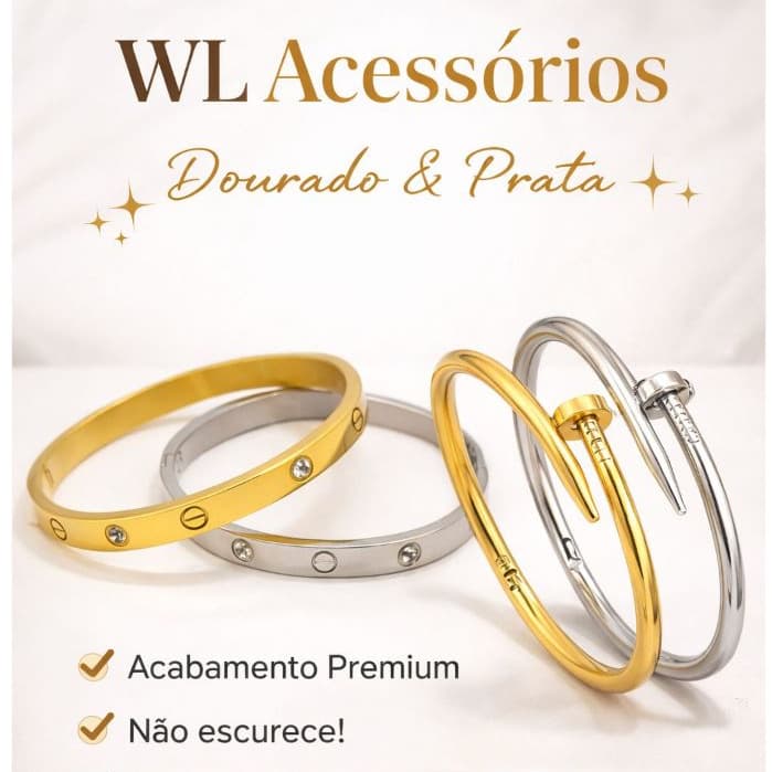 Bracelete Feminino Elegante Dourado e Prata Estilo Prego e Parafuso Aço Inox