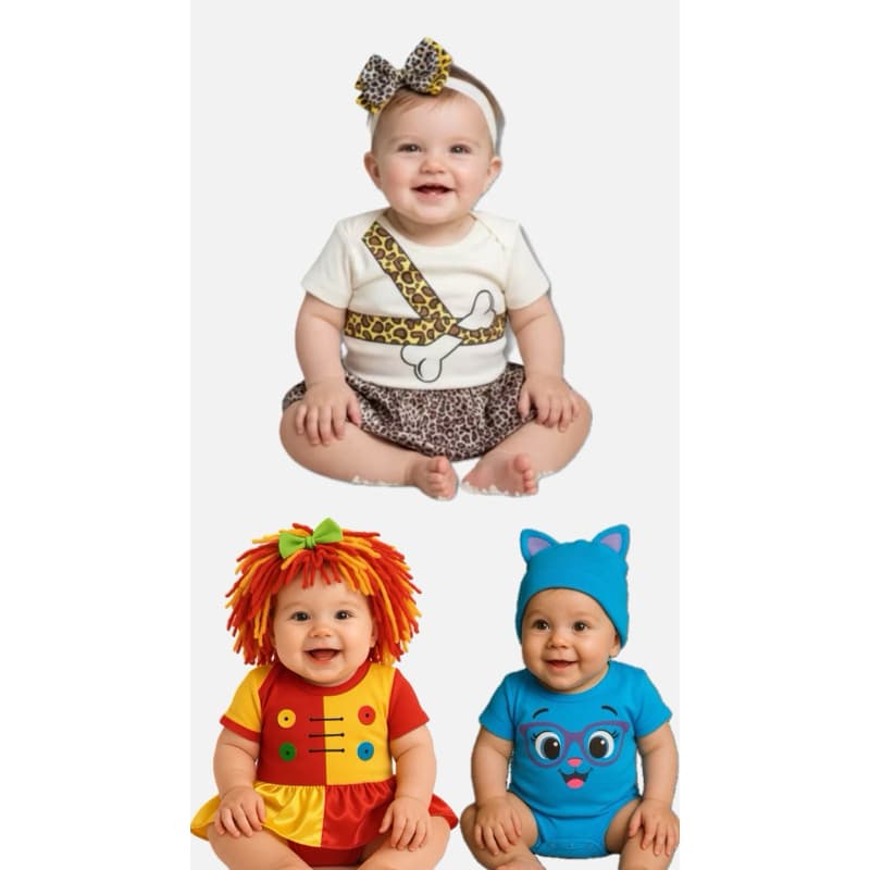 Body Bebê Temático Mesversário bolofofo azul, Body boneca Emília menina, Body Pedrita familia Flinstons