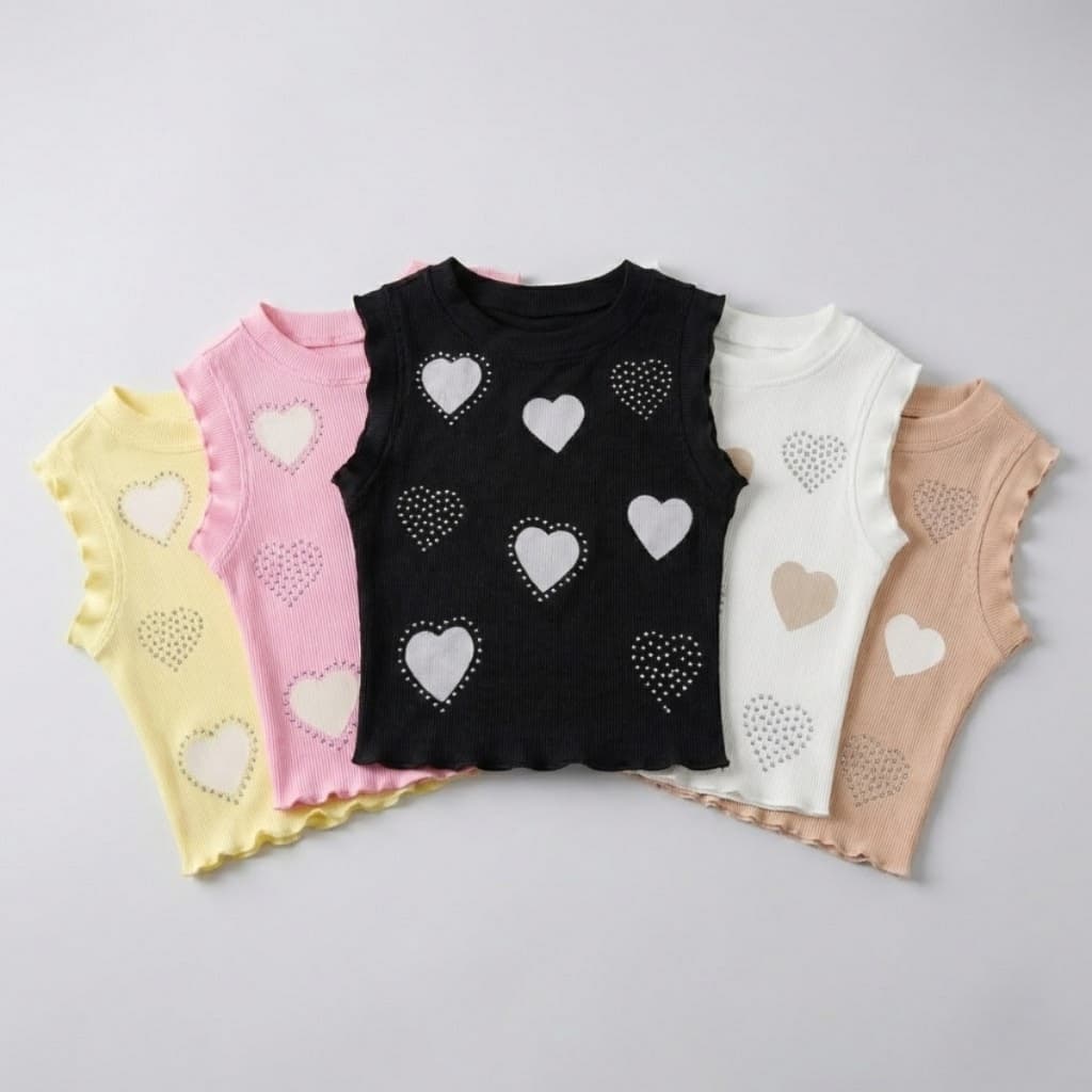 Blusa Cropped Infantil Menina Canelada Corações Strass Babado Frufru Moda Blogueirinha