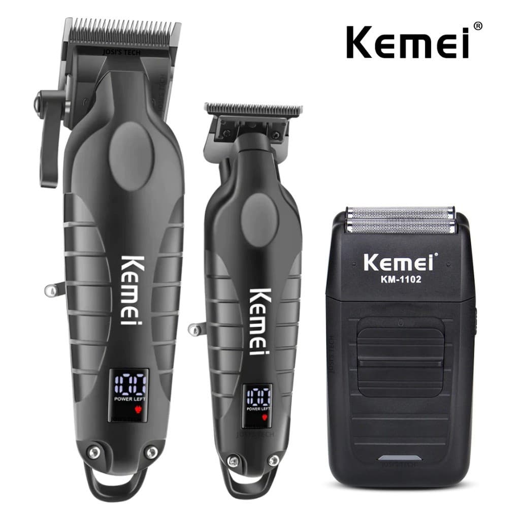 Kit barbeiro Profissional 03 maquinas kemei original corte + acabamento + shaver metal com visor