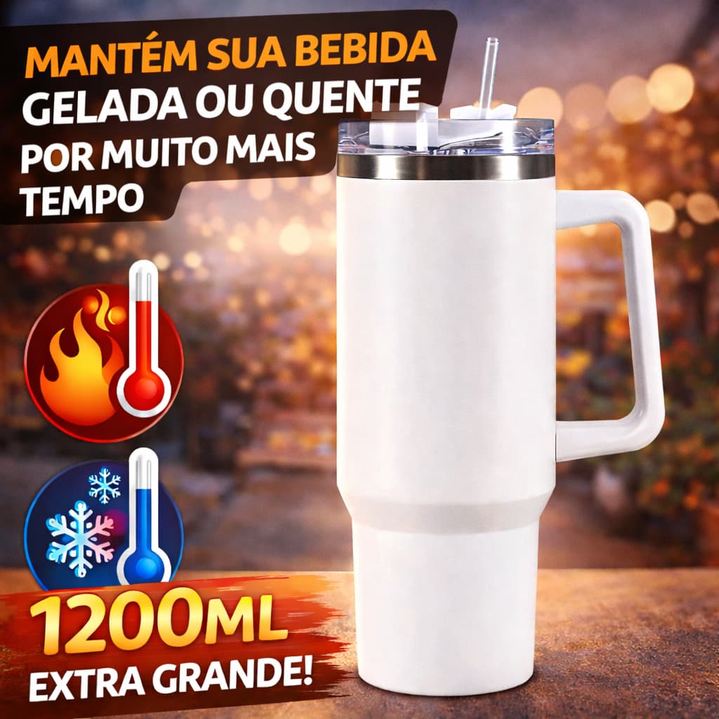 Caneca Térmica Inox 1200ml Copo Térmico com Alça e Canudo Mantém Bebida Gelada Branca