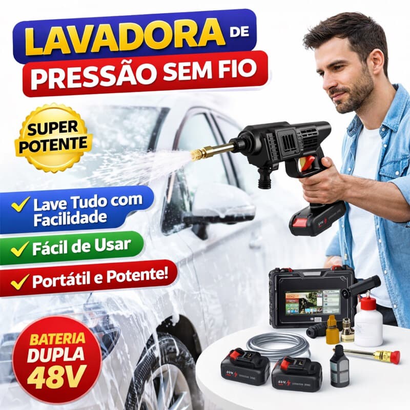 Lavadora de Alta Pressão Portátil 48V Sem Fio 2 Baterias + Maleta Completa