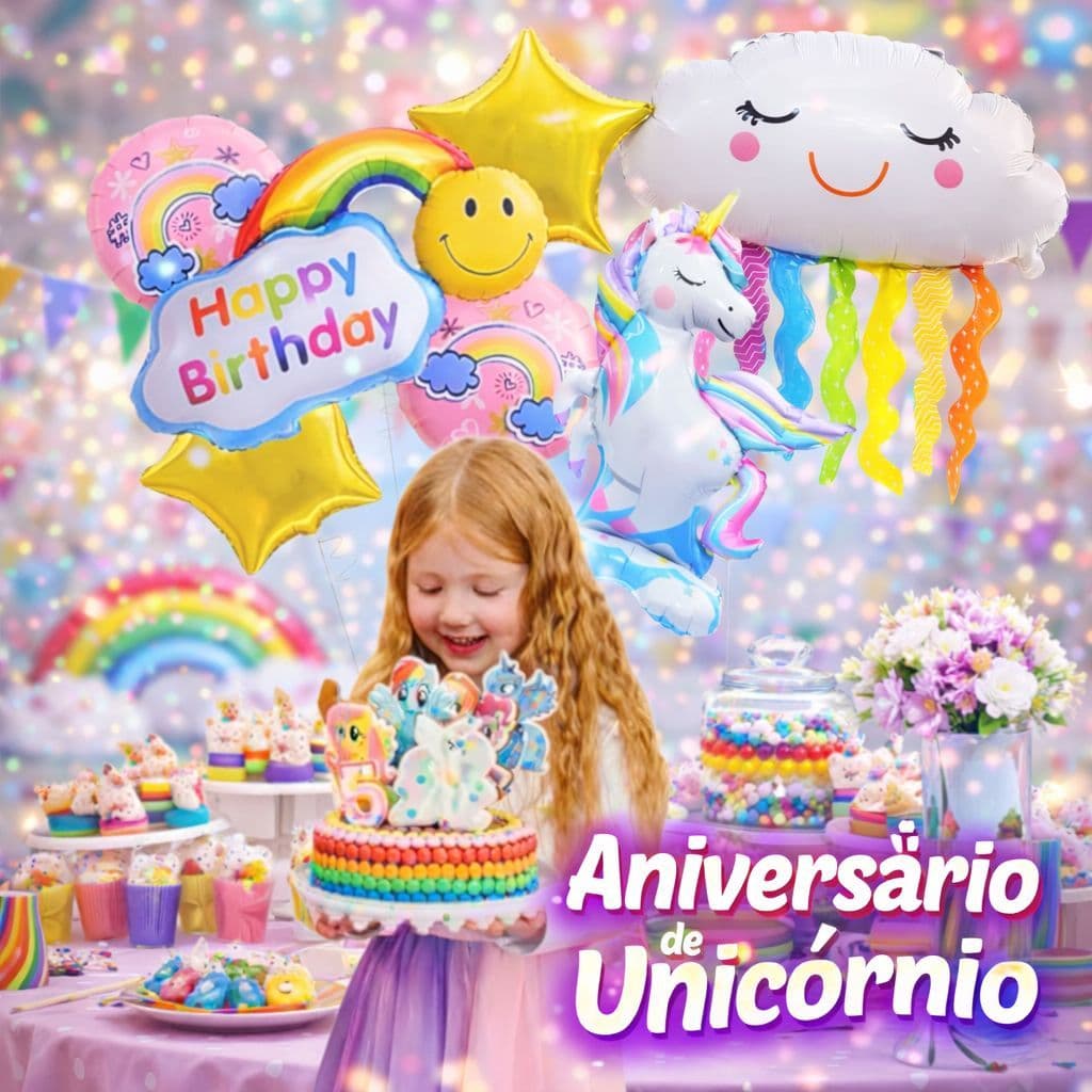 Kit 7 Pçs Aniversário Balões Metalizados Unicórnio Grande Decoração Enfeite Eventos Festas Infantil