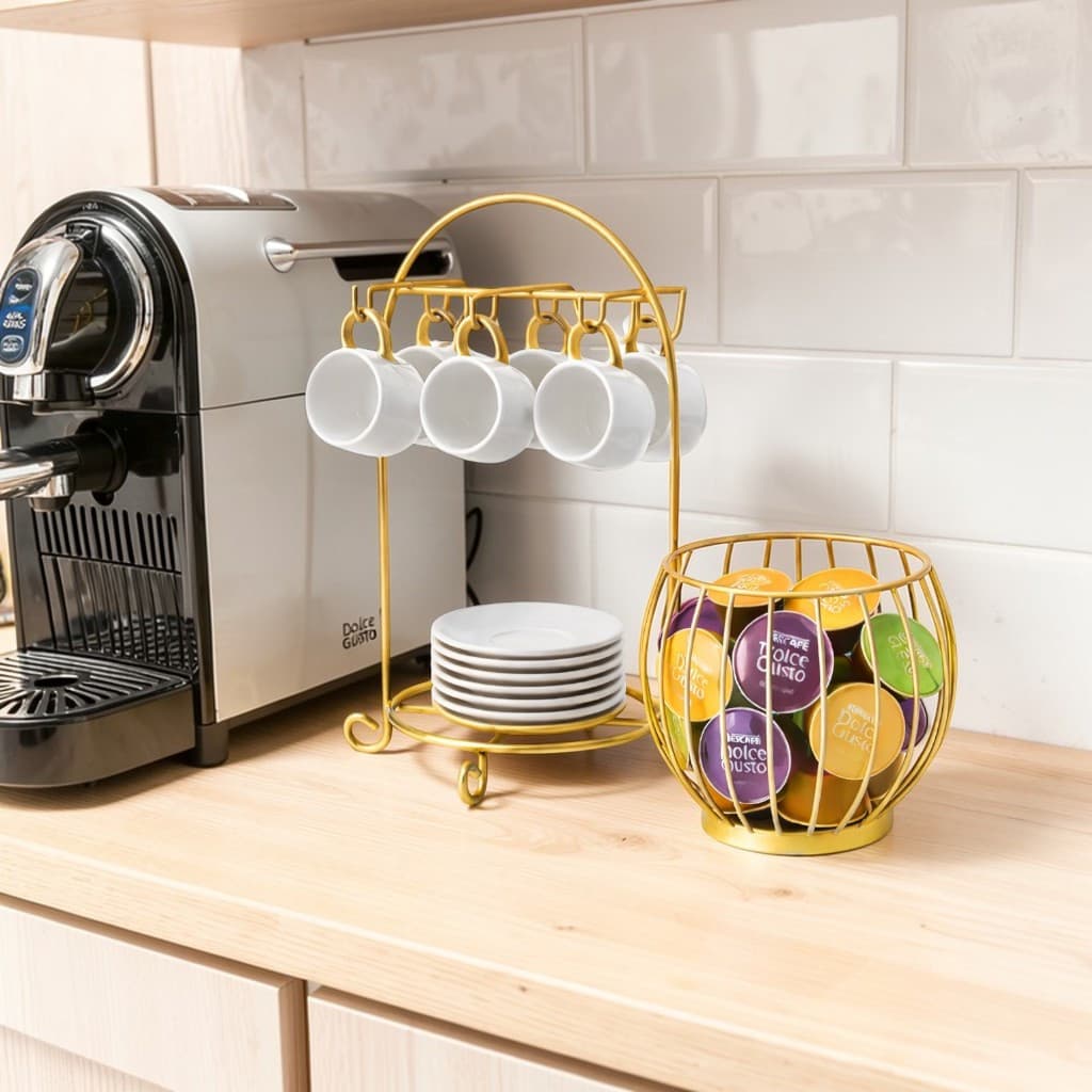 Organizador Porta Xícaras e Pires 6 Ganchos + Porta Cápsulas de Café Universal