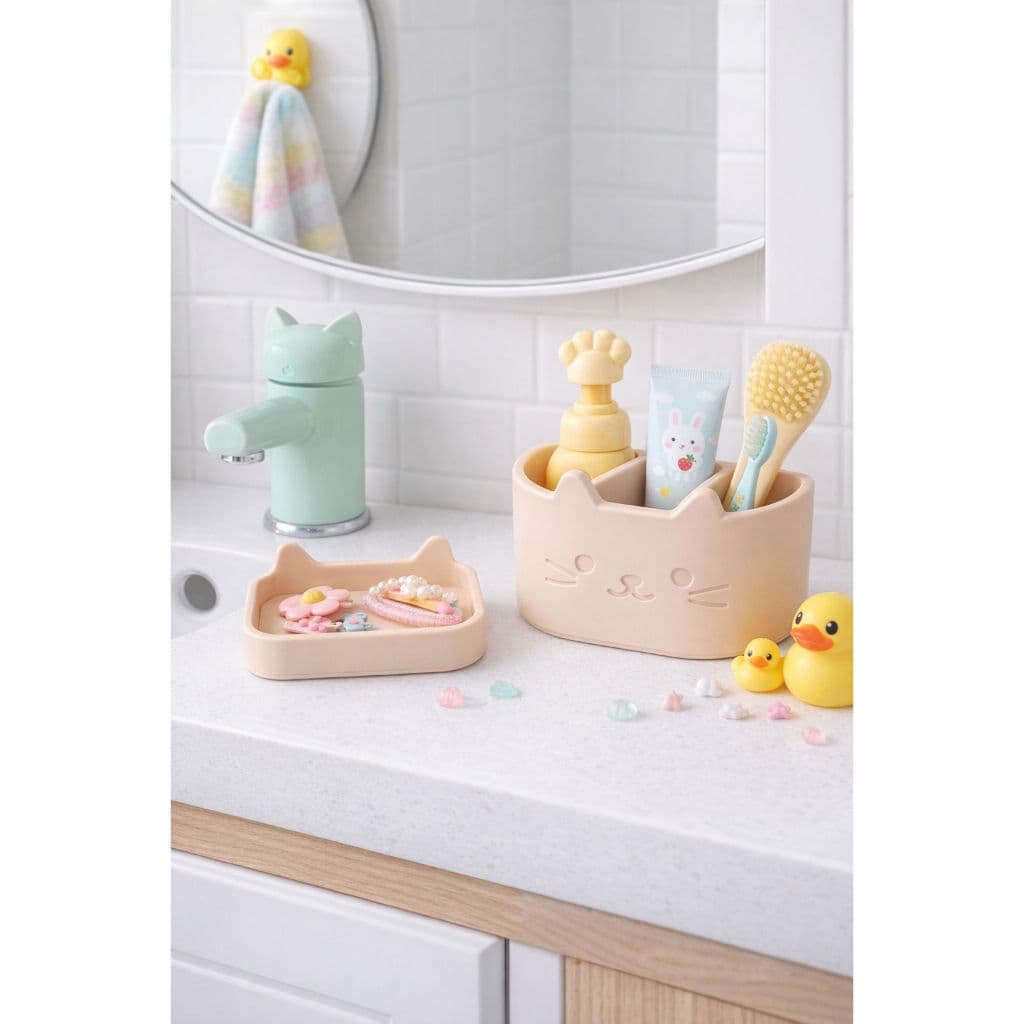 Kit Infantil Porta-Escova + Saboneteira Gatinho de Banheiro Infantil Decorativo e Funcional