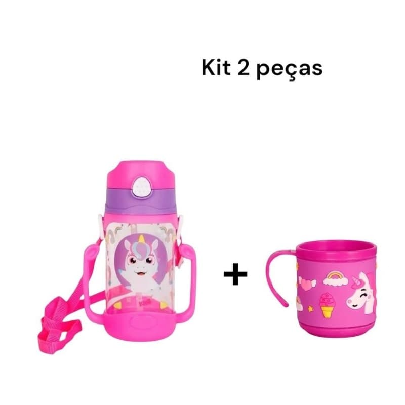 Kit Garrafa Infantil Unicórnio 400mll + Caneca 230ml 2 Peças – Garrafinha Escolar com Alça