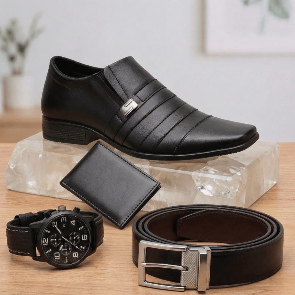 Kit Sapato masculino Preto fosco sintético + carteira +  Cinto + relógio analogico