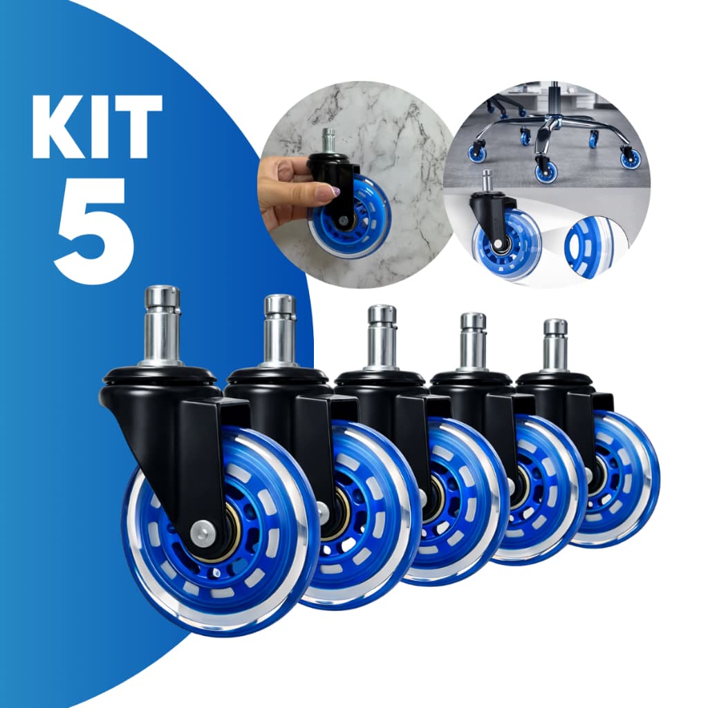 Kit 5 Rodinha para Cadeira de Escritório Game Silicone Gel Pu Anti Riscos Azul