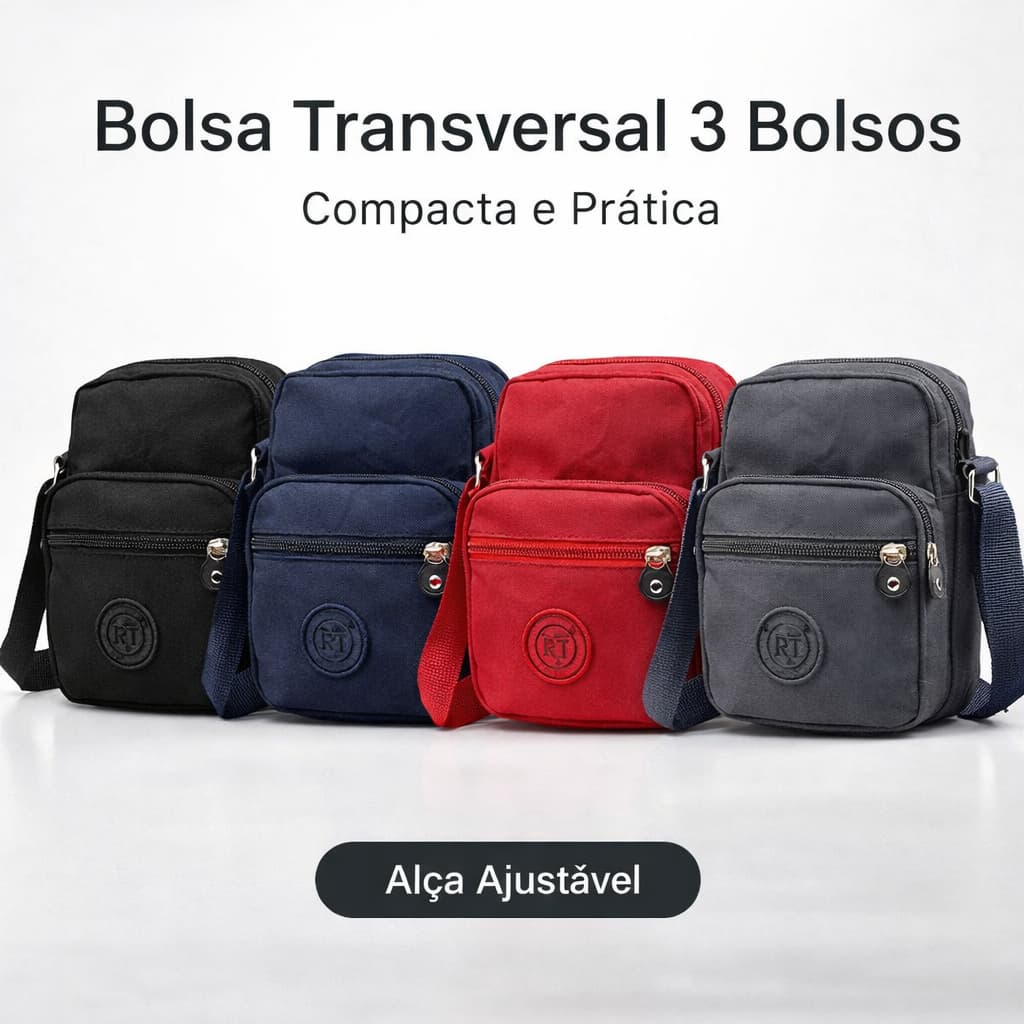 Bolsa Transversal Unissex Nylon 3 Bolsos Compacta Leve Resistente 20x15cm Dia a Dia