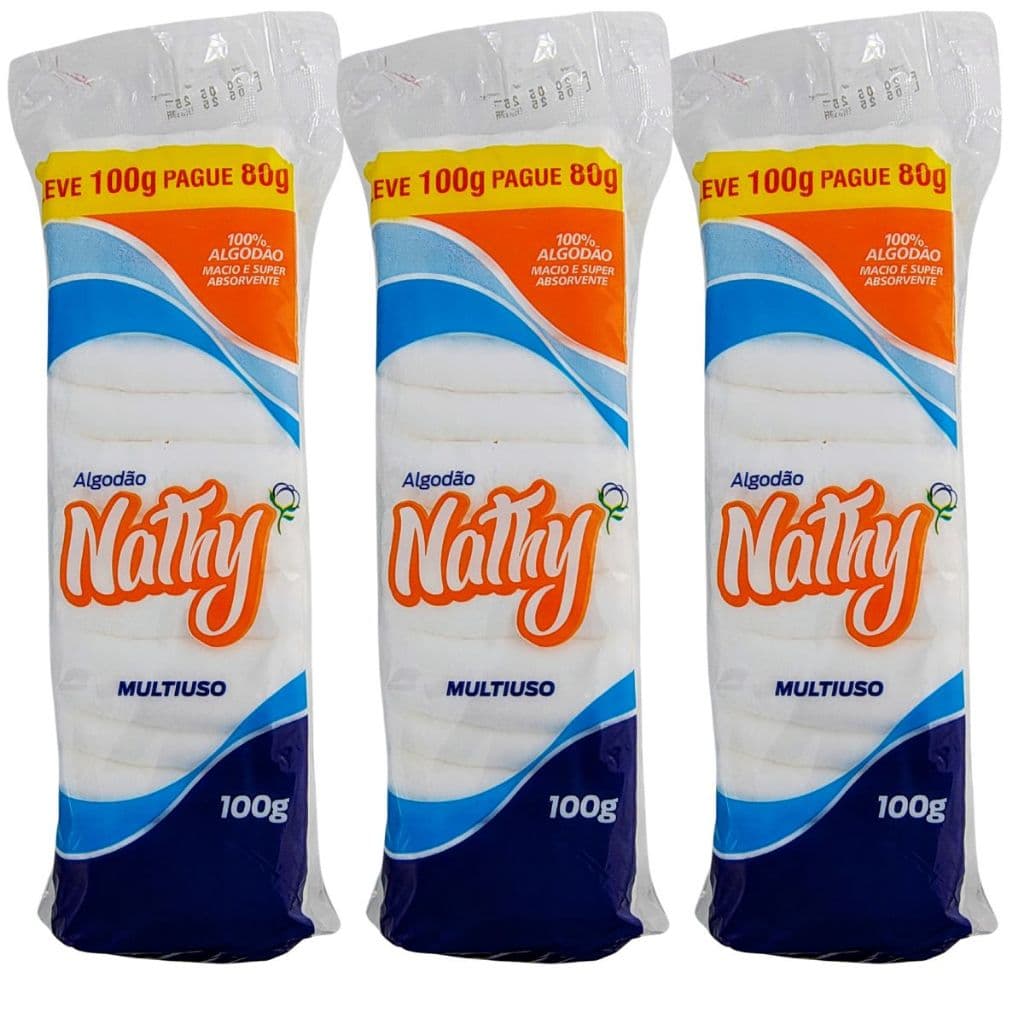 Kit Com 3 Algodão Multiuso Nathy 100g - Higienização Da Pele E Bebês