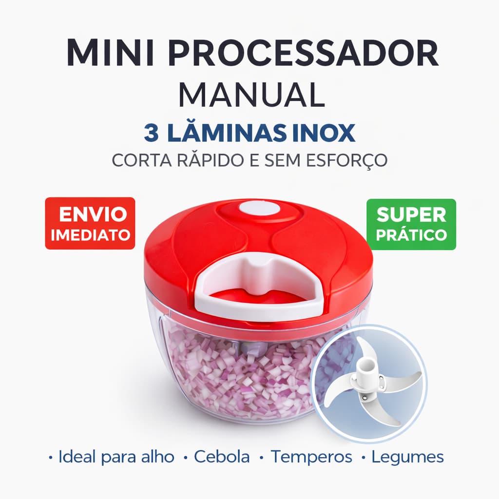 Triturador Manual de Alimentos 500ml 3 Lâminas Inox Puxador Corta Cebola Legumes
