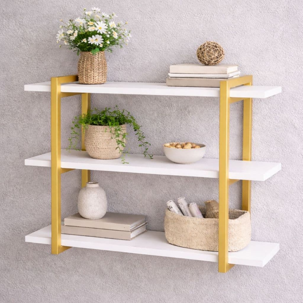 Prateleira Nicho Rack Suspensa Estilo industrial 3 Prateleiras Metalon Dourado Com Mdf Branco