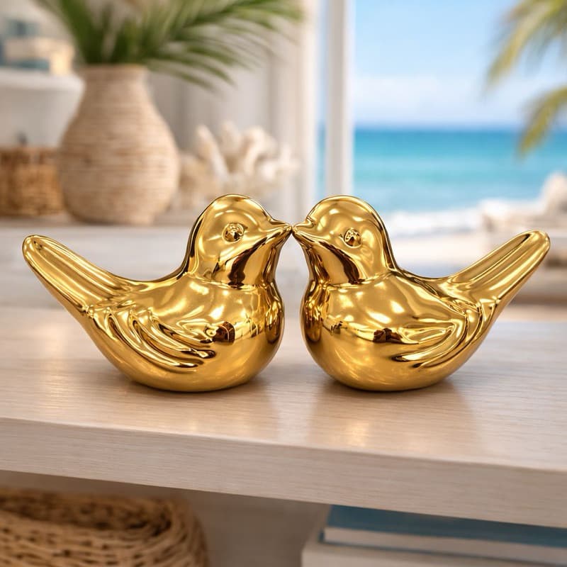 2 Passarinho Em Cerâmica Prateado Ouro Luxo Para Decoração Casa Sala