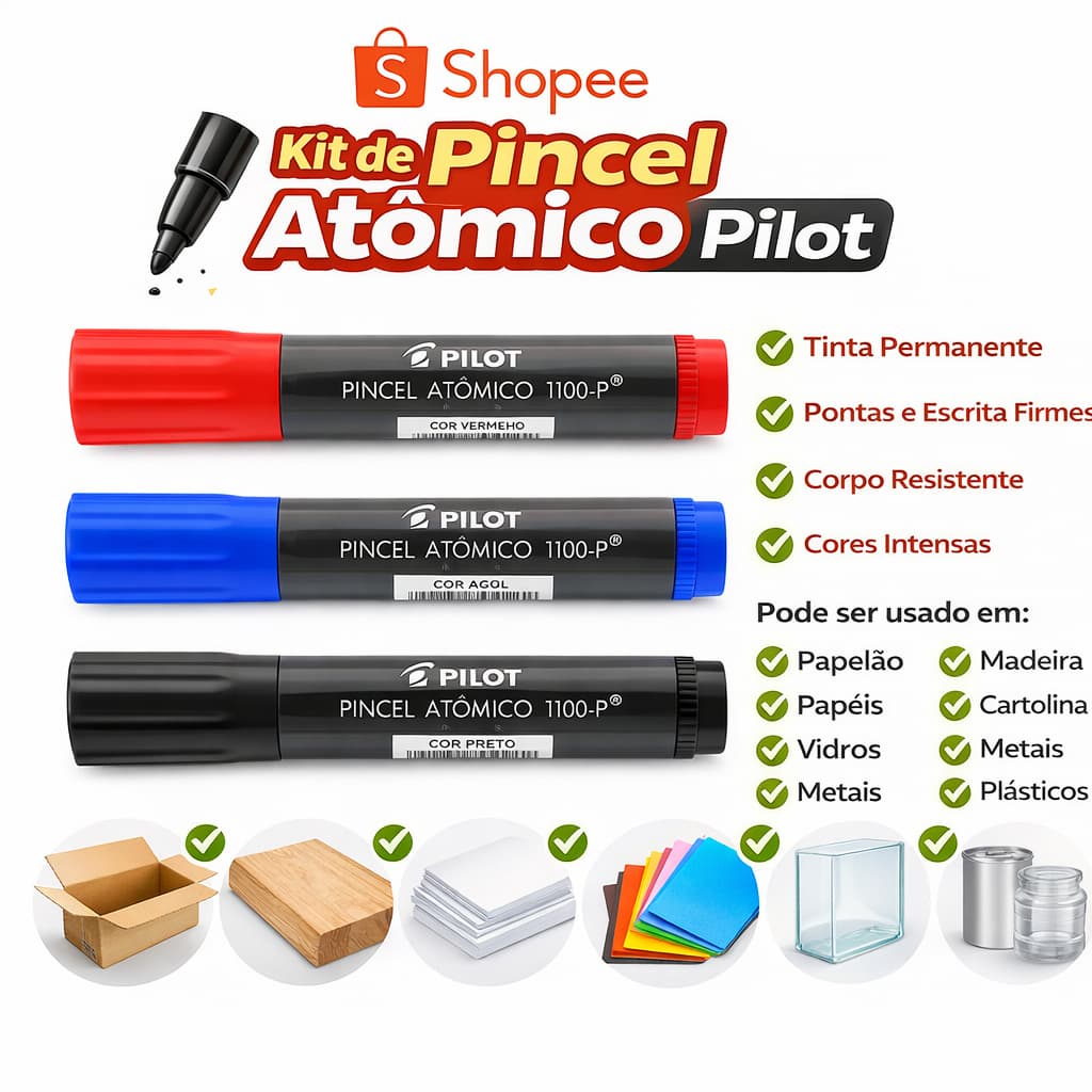 Marcador Canetão Pincel Atomico 1100-P Pilot Ponta Chanfrada Recarregavel Kit 3 unidades