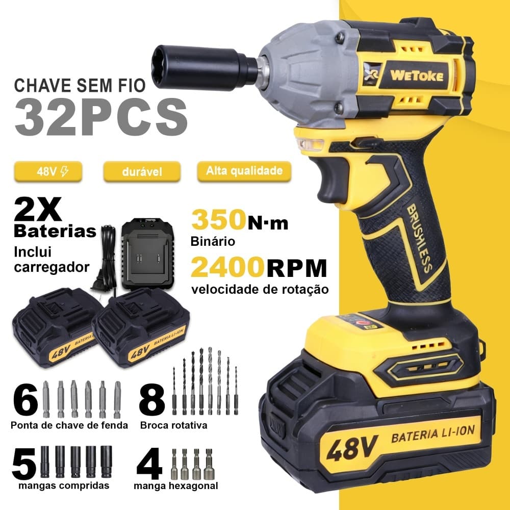 Chave de Impacto Profissional com 2 Baterias 48V de Litio recarregável portátil parafusadeira de impacto torque
