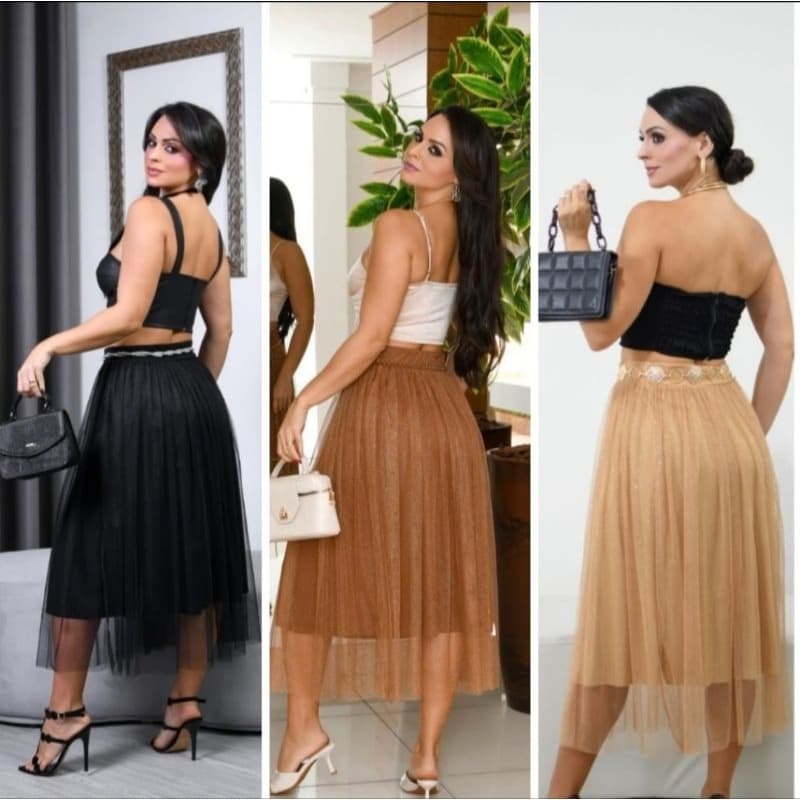 Saia Tule de Brilho Glitter Colorida Forrada Moda evangélica Para Congresso, Cultos e Eventos