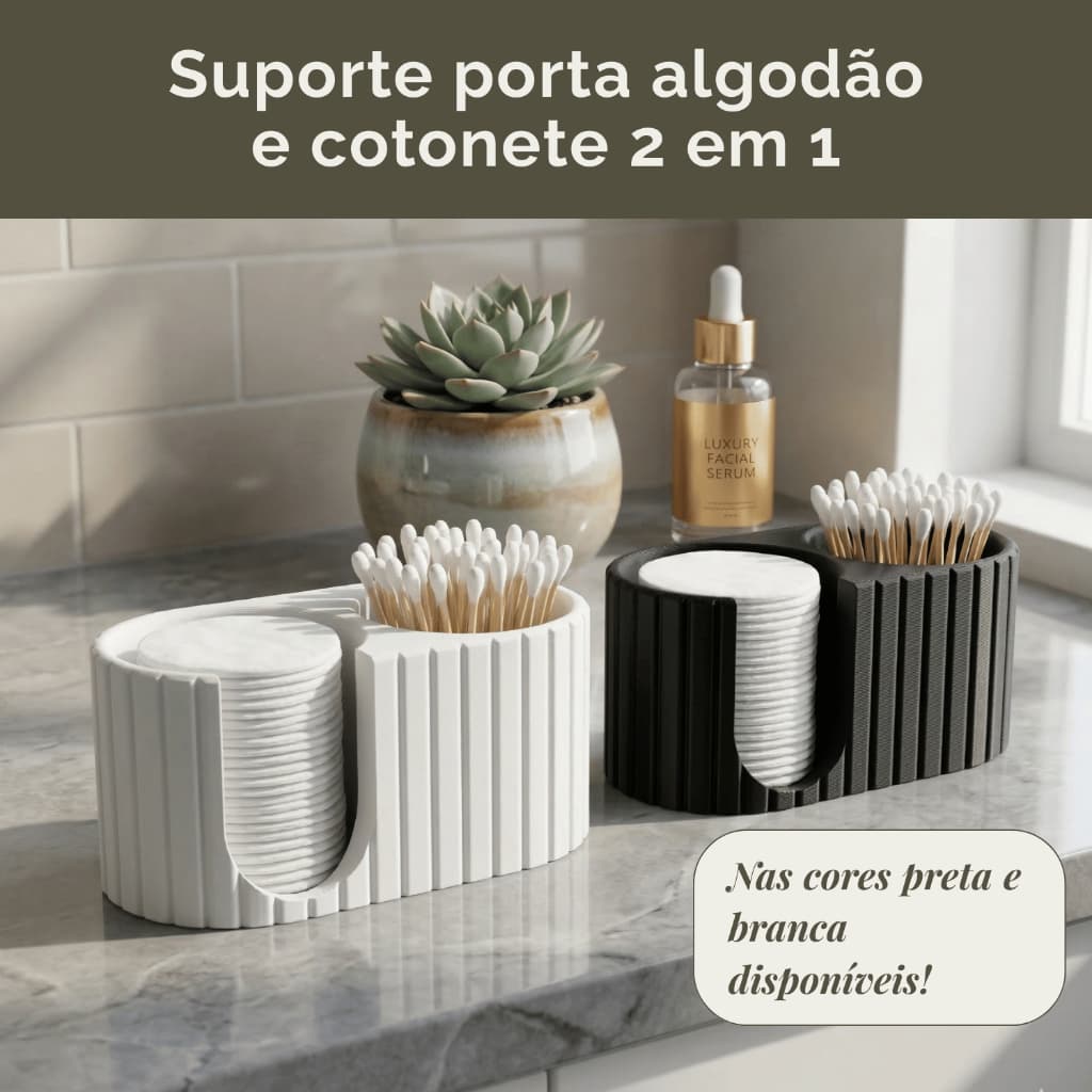 Suporte porta algodão e cotonete 2 em 1 organizador higiene banheiro maquiagem preto e branco