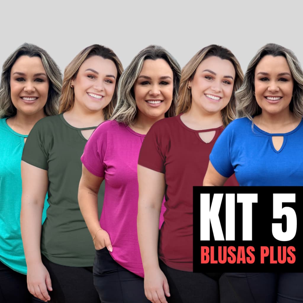 Kit 5 Blusas Plus Size Feminina Viscolycra Detalhe V Básica Casual Academia