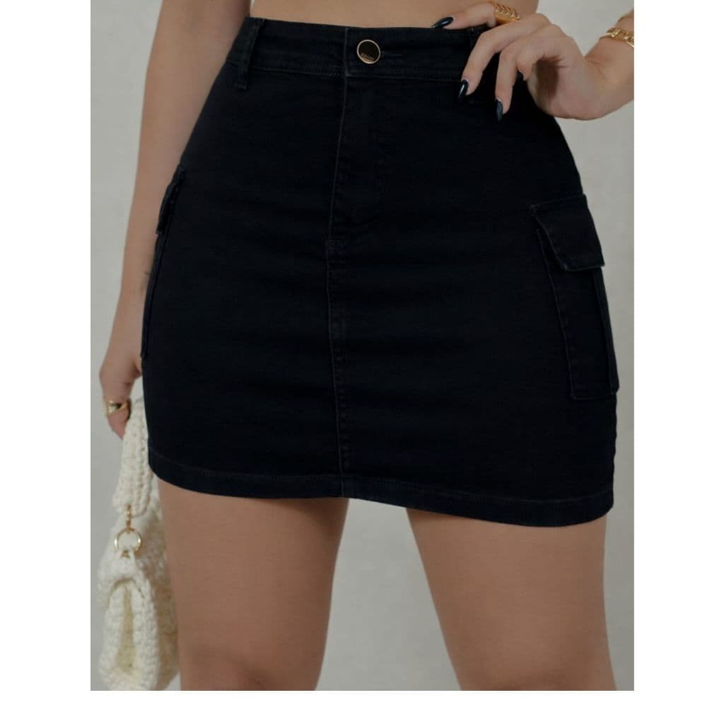 Saia Cargo Feminina Preta Cintura Alta Com Bolsos