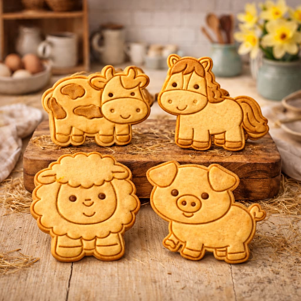 kit 4 cortadores de biscoito tema Fazendinha animais molde biscuit pasta americana carimbo marcador