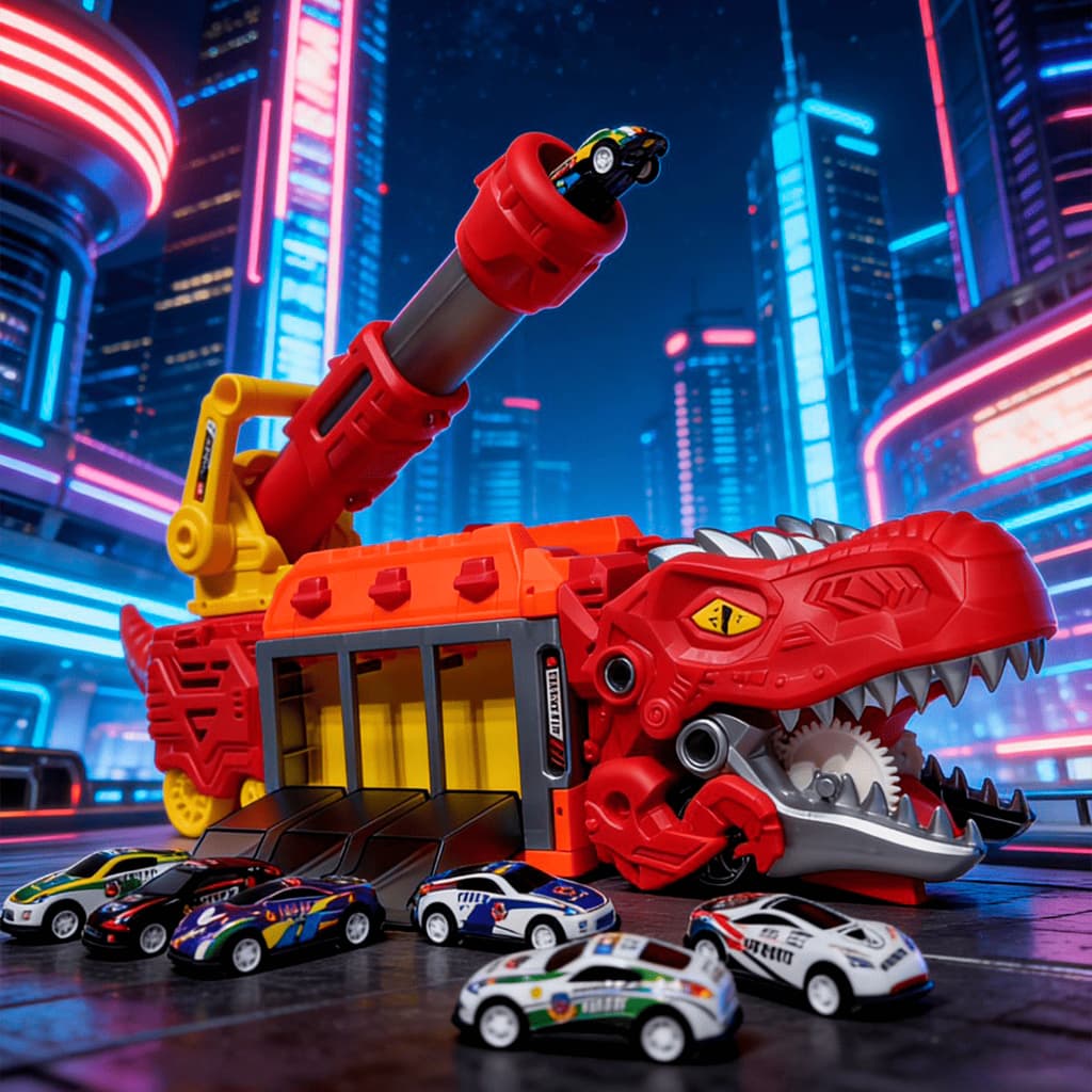 Caminhão Dinossauro Lança Bolinhas e Engole Carrinhos Vermelho Mega Brinquedo 1022