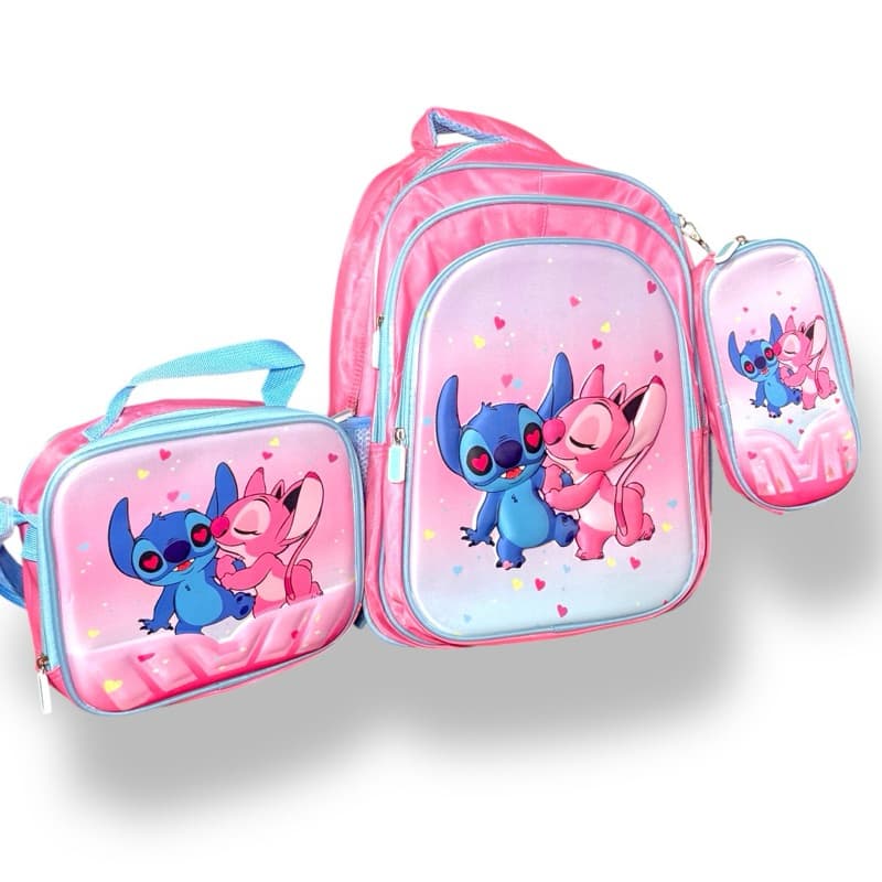 Kit Mochila Escolar Infantil Stitch Kit mochila grande Costas Lancheira Térmica e Estojo 3D