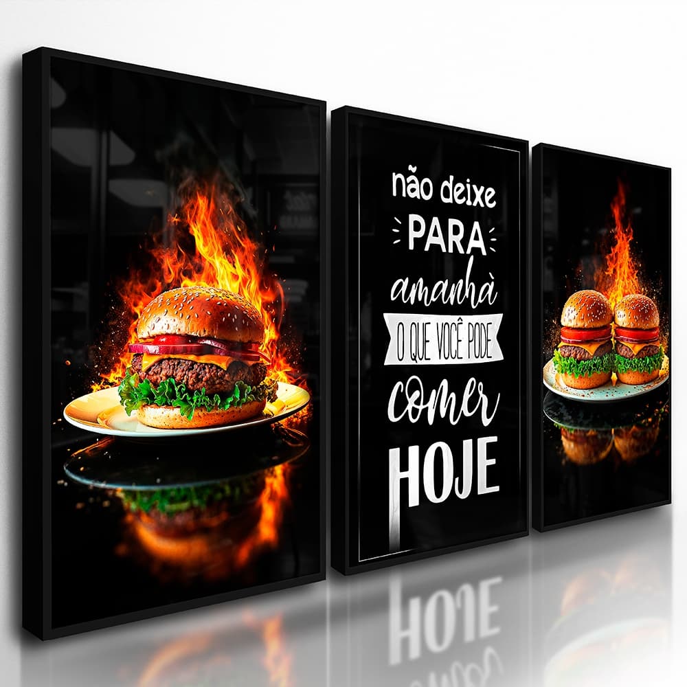 Kit 3 Quadros Hamburgueria Burger Fogo Decorativo Lanchonete Cozinha Gourmet