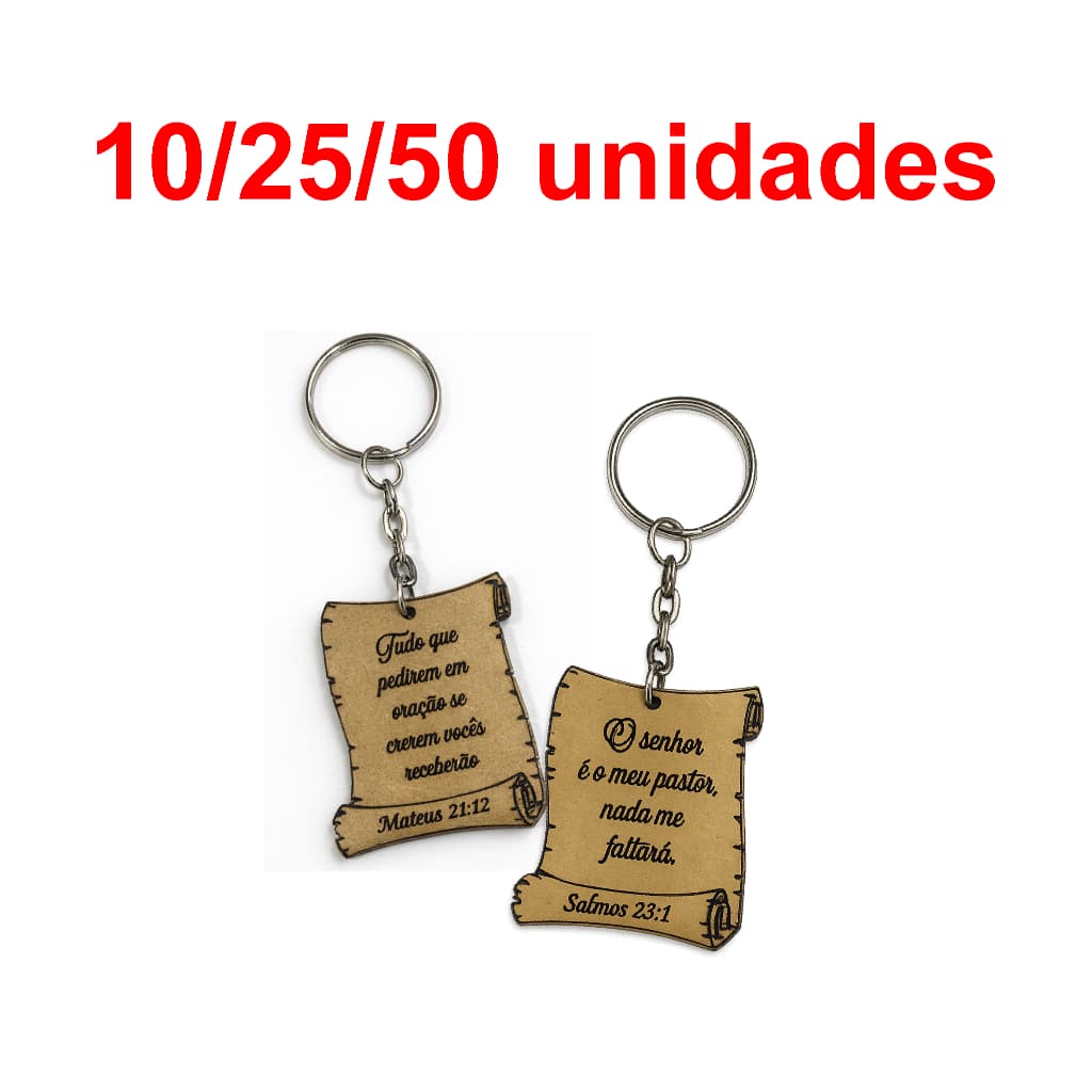Kit Chaveiros MDF Pergaminho com Versículos Bíblicos