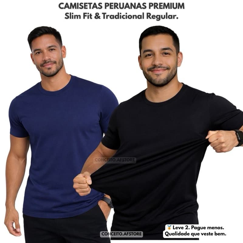 KIT2pc Camisetas masculina básicas peruana com elastano,modelos Slim fit e Tradicional Regular.