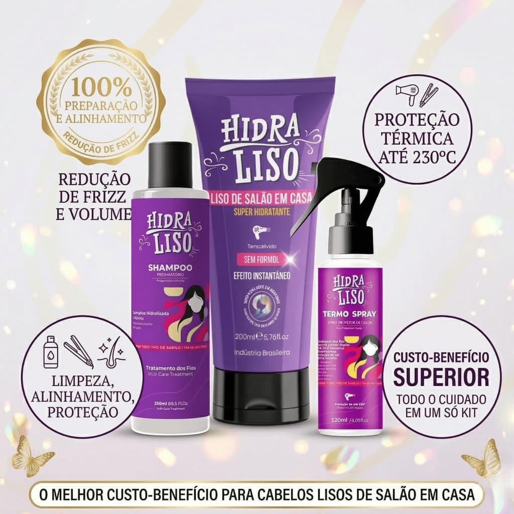 Kits Progressiva de Chuveiro + Shampoo Preparatório + Protetor Térmico – Liso Natural, Anti Frizz e Brilho Intenso