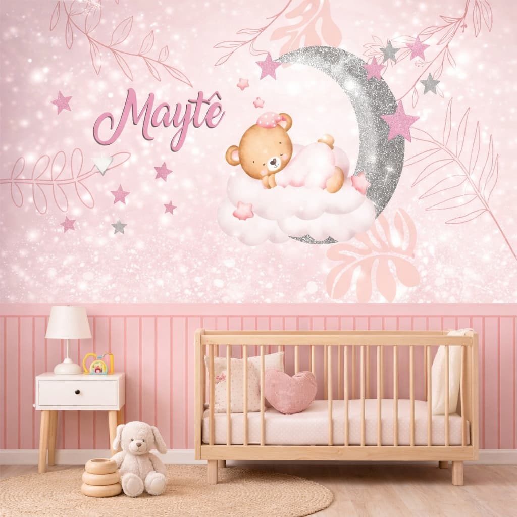 Papel de Parede Ursas nas Nuvens com Nome e Ripado Rosa Quarto de Bebê Personalizado
