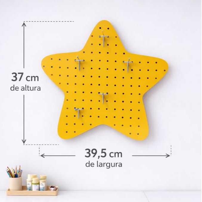 Painel organizador Pegboard de parede MDF  - Formatos exclusivo Estrela + 5 ganchos