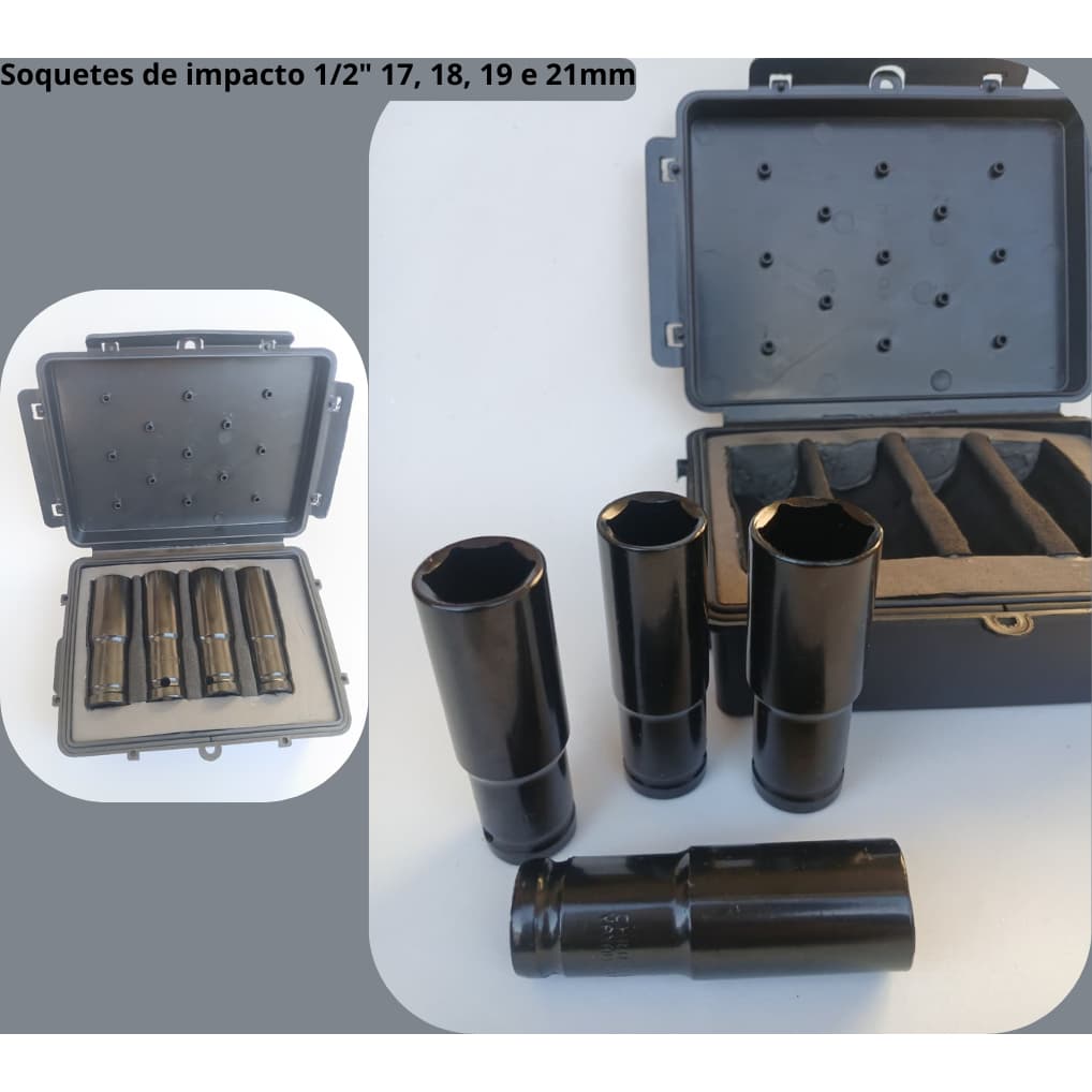 Jogo de Soquetes de impacto Sextavados Longos 1/2 pol 17 18 19 e 21mm com caixa organizadora