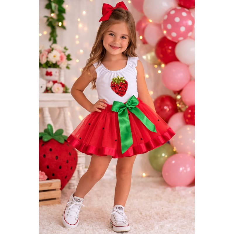 Fantasia fruta morango moranguinho menina infantil vestido frutinhas quintandinha