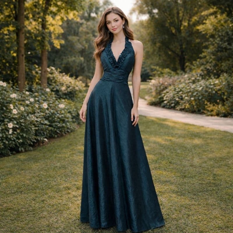Vestido Longo Festa Elegante Verde Petróleo