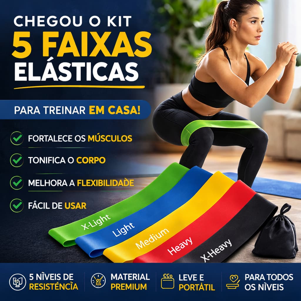 Mini Band Elástica Kit 5 Faixas de Resistência Treino em Casa Glúteos Academia Pilates Fisioterapia