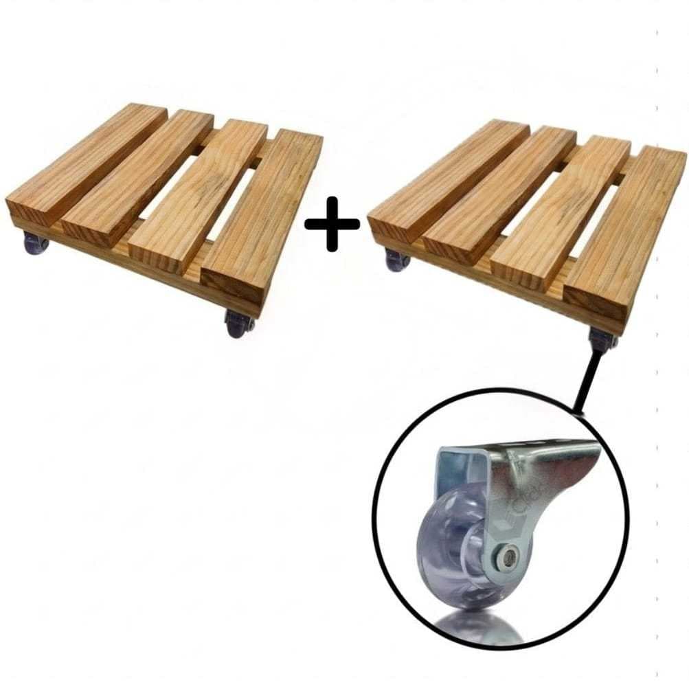 Kit 2 Suportes para Vaso de Plantas com Rodinhas 25x25 cm –Deck Madeira Pinus