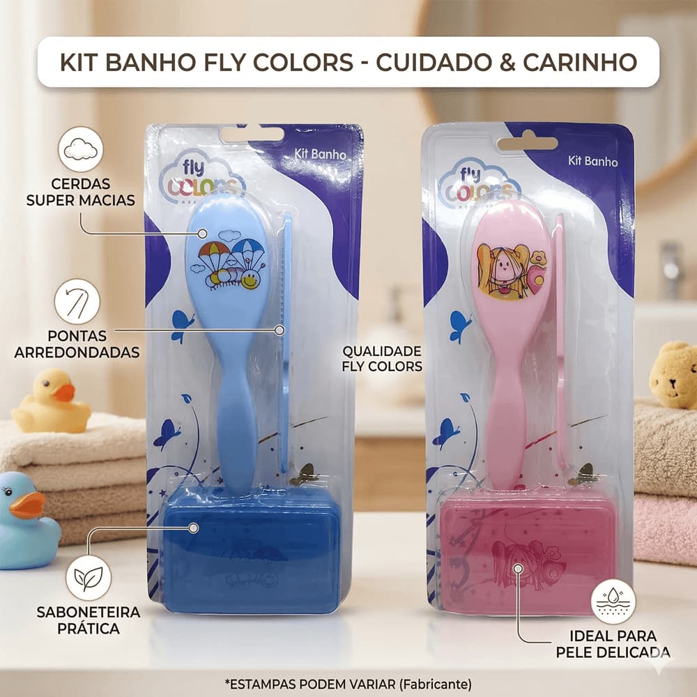 Kit Banho com Escova + Pente e Saboneteira Fly Colors