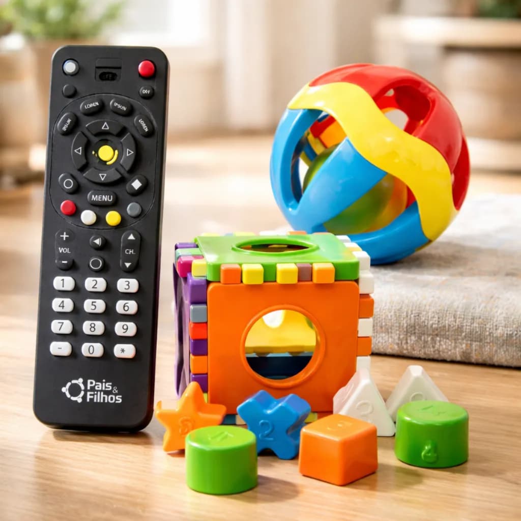 Kit 3 brinquedos coordenação motora bola chocalho + Mordedor bebe controle remoto + cubo didático