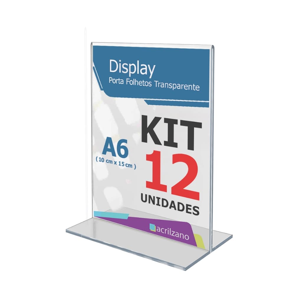 Kit 12 Porta Informativo A6 10x15cm em Acrílico para Exibição de Conteúdo em Balcões e Mesas