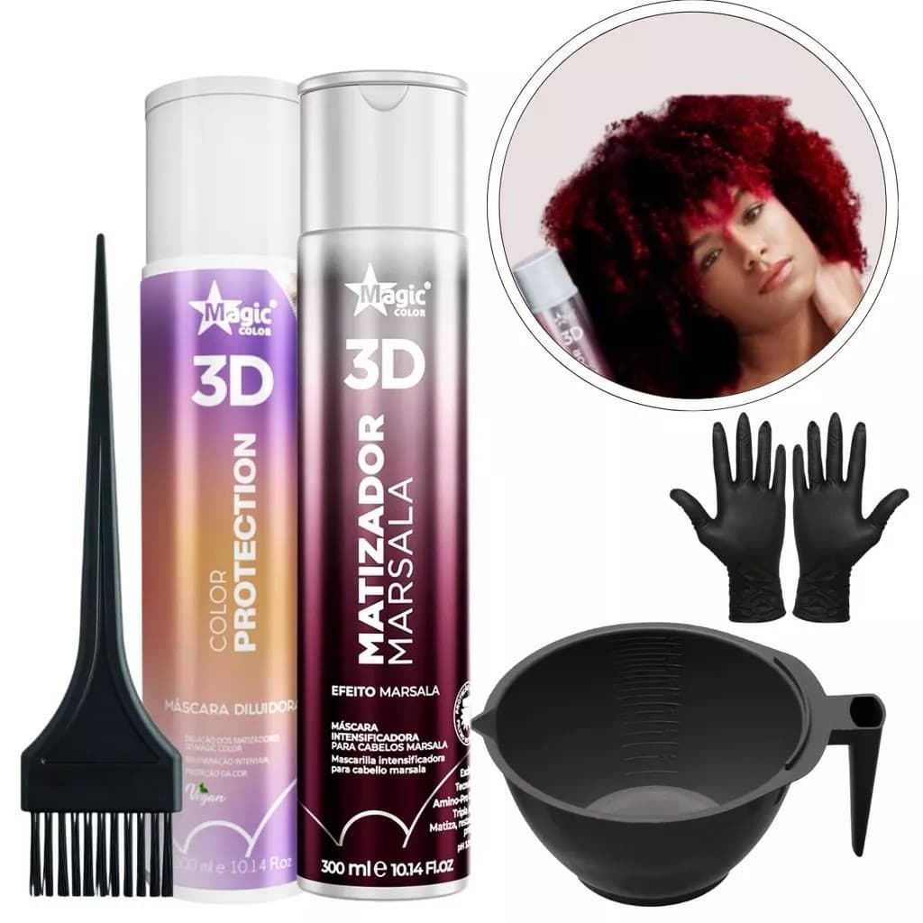 Kit Matizador Marsala 300ml + Mascara Diluidora 300ml + Cumbuca + pincel + luvas - Magic Color