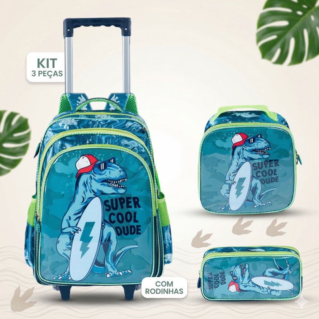 Kit Mochila Escolar Infantil Com Rodinhas  Mochila Menino De Carrinho Lancheira Térmica e Estojo Duplo