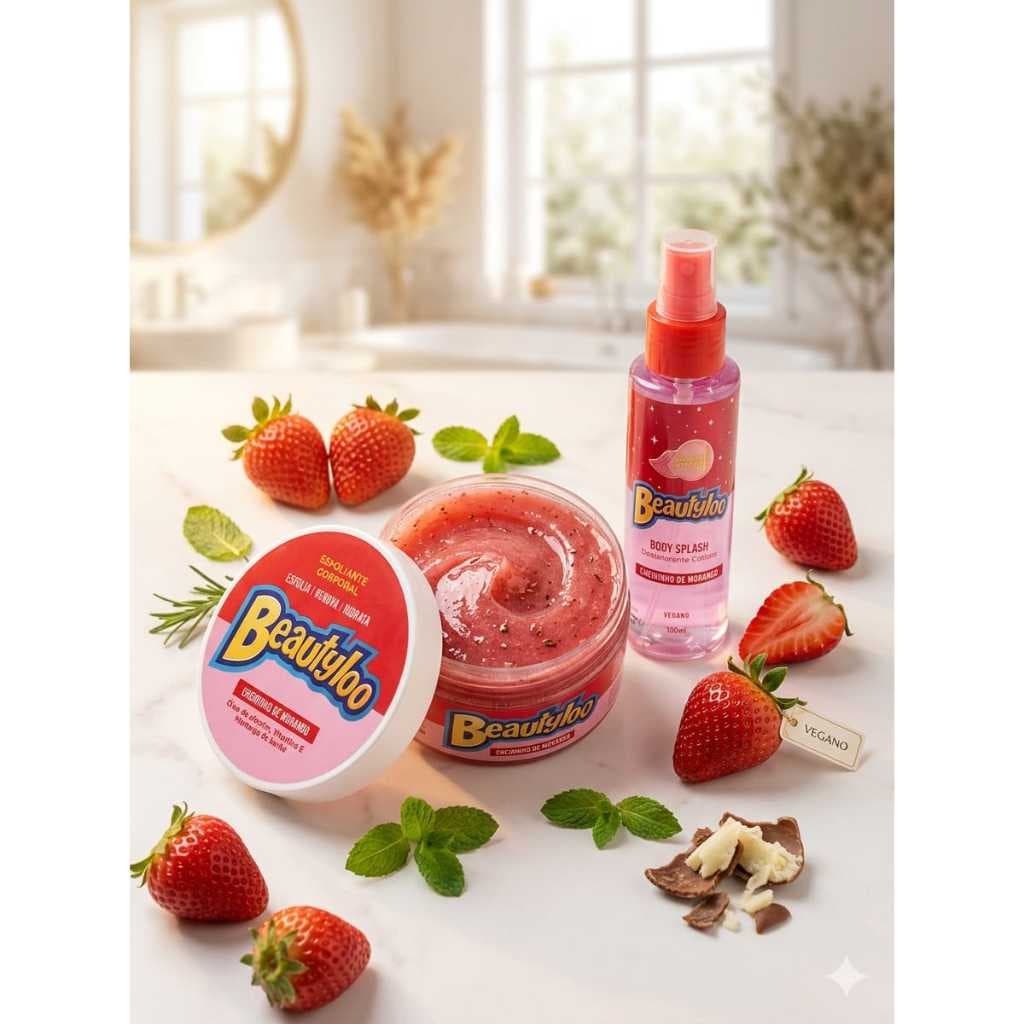 Kit Esfoliante Corporal Beautyloo +Body Splash Cheirinho de Morango, Uva e Tutti Frutti