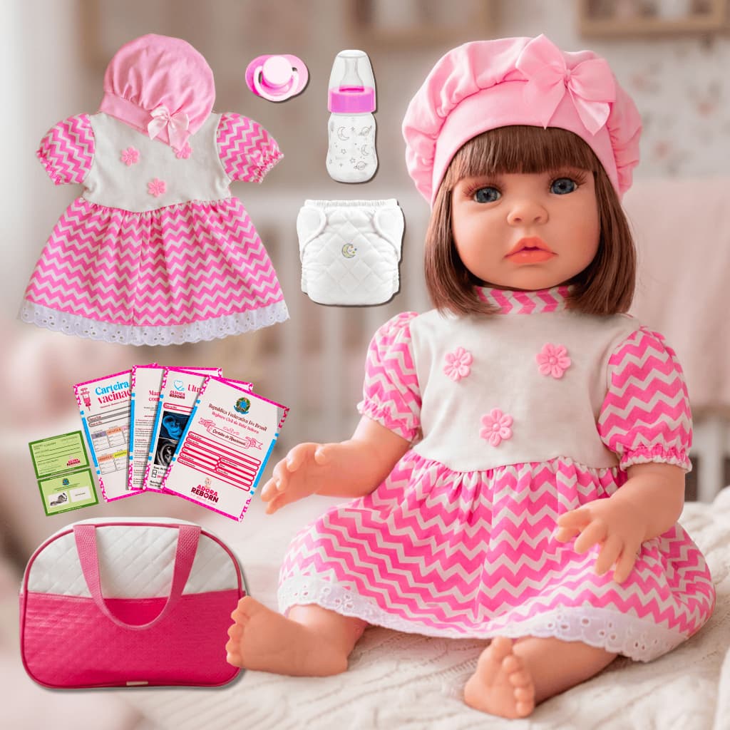 Boneca Bebê Reborn Realista 100% Siliconada Kit Bolsa Maternidade Pode Dar Banho Vestido Listra Rosa