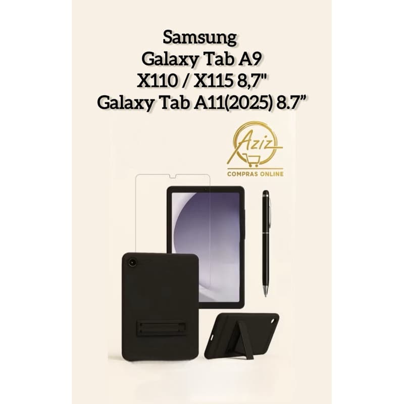 Kit 3 em 1 p/Samsung Galaxy Tab A9 8.7”/ Galaxy Tab A11(2025) 8.7”– Capa Silicone+Película Vidro+Caneta(Escrita e Touch)