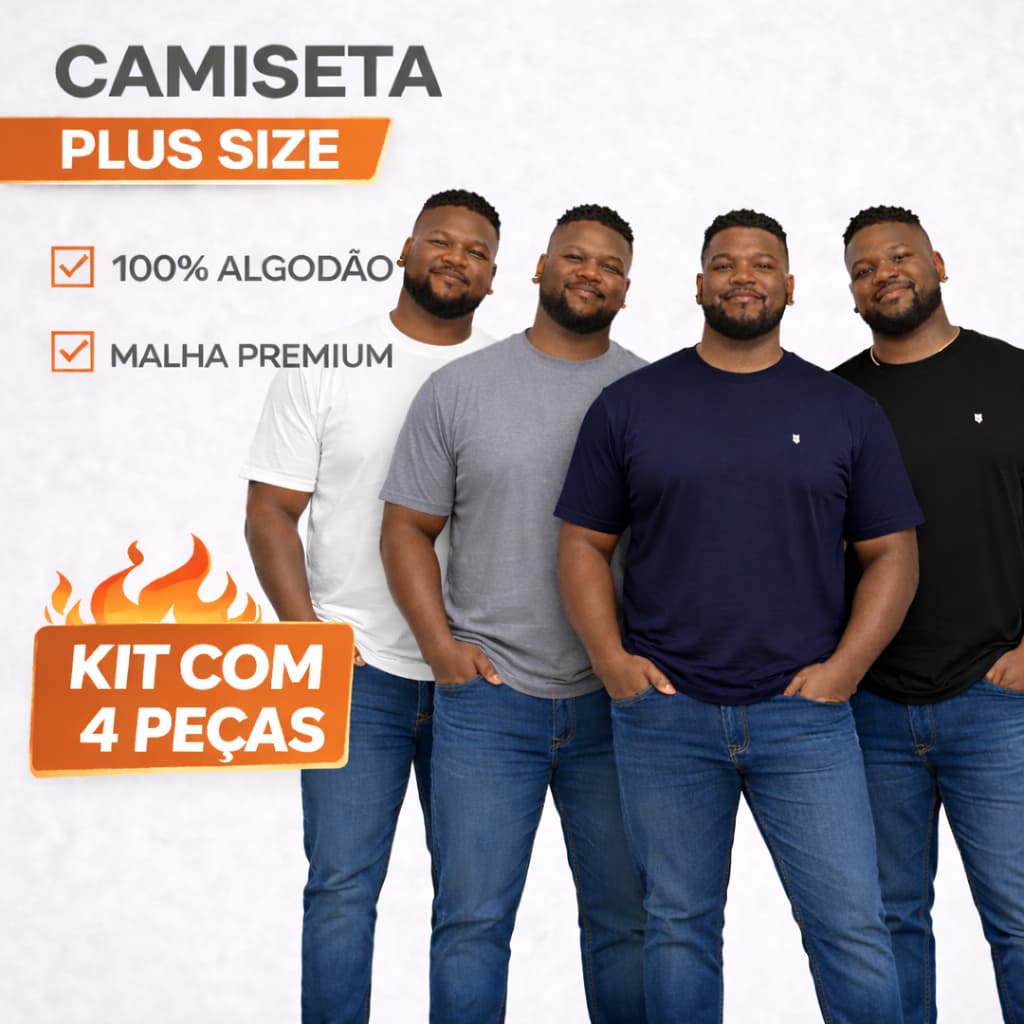 Kit 4 Camisetas Plus Size Masculina 100% Algodão Básica Premium Manga Curta Gola Redonda G1 G2 G3 G4