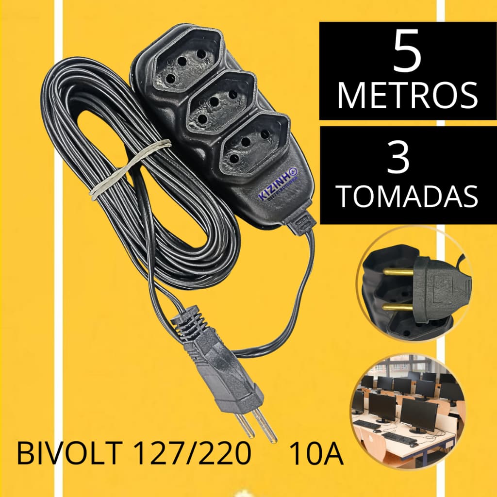 Extensão Elétrica 5 Metros 3 Tomadas 10A Preta Bivolt 110/220 Envio em até 24h